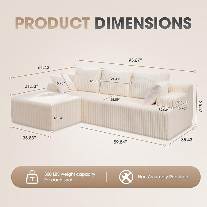 Hobestluk Modular Sectional Sofa Couches L-Shape Couch 3 Seat Modular Sofa Memory Foam Sectional Couches for Living Room, Cloud Couch with Oversized Chaise (96" Left Facing Chaise)