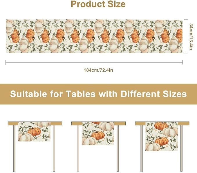 Fall Pumpkin Table Runner White Orange Vegetables Seeds Parsley Watercolor Hand-Painted Illustration Home Decor for Farmhouse Indoor Outdoor Party Holiday Dining Kitchen Restaurant Cafe W13xL60in