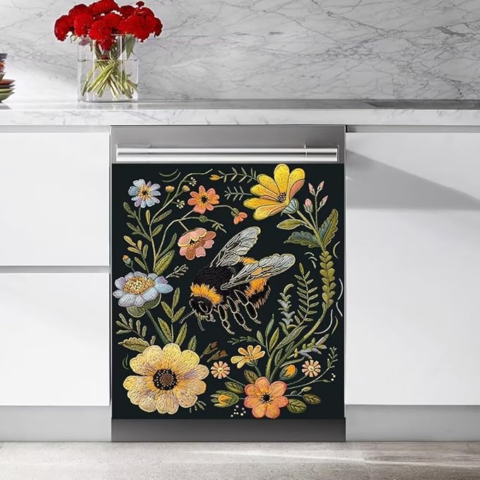 Flower and Bee Painting Dishwasher Magnet Cover Sticker,Refrigerator Magnet Cover Decal Fridge Magnetic Stickers Home Kitchen Decor,23W x 17H inchs