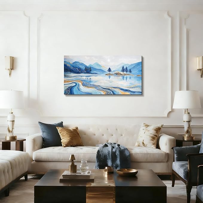 SERIMINO Landscape Wall Art, Large Wall Decor, Lake Wall Art, Blue Gold Abstract Marble Canvas Prints, Mountain River Paintings for Living Room Bedroom Bathroom Office Home Decorations 20"x40"