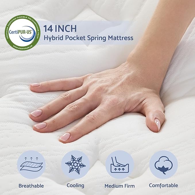 King Mattress, 14 Inch King Size Mattress in a Box, Hybrid Mattresses for Pressure Relief, Pocket Springs Mattresses, Firm