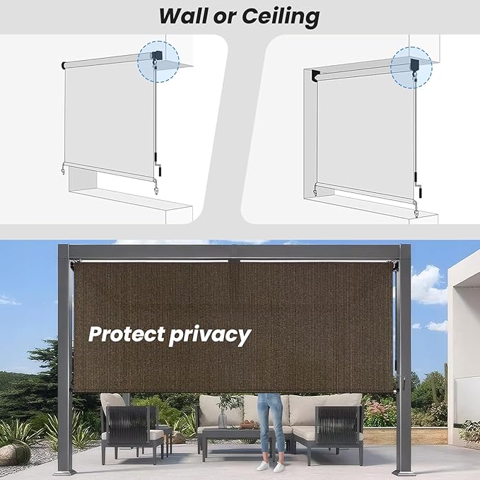 Custom Size Mocha Patio Shades Roll up Outdoor Roller Shade Crank Wand Blind