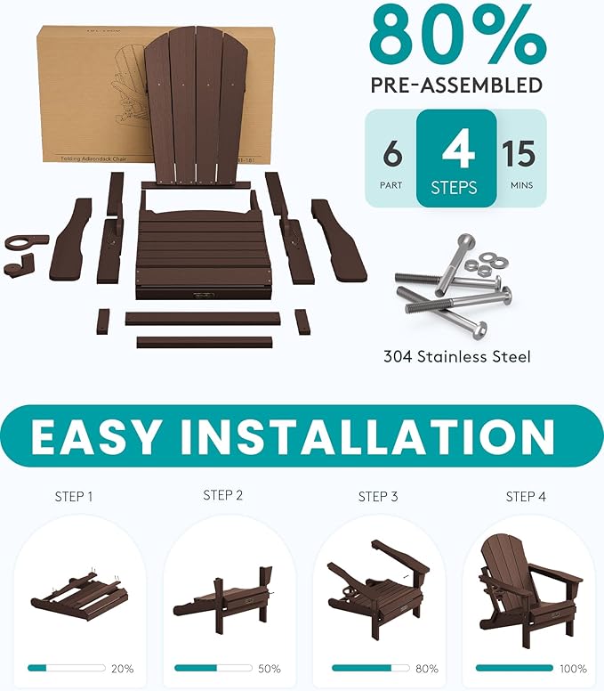 SERWALL Folding Adirondack Chair Set of 2, All Weather Adirondack Chairs with Cup Holder for Patio Garden Outdoors Fire Pit - Coffee