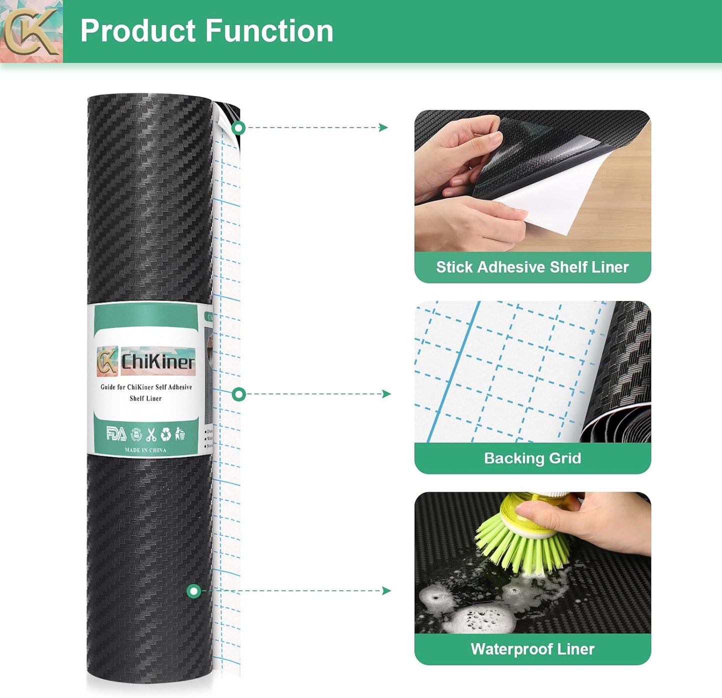 Self-Adhesive Shelf Liner Kitchen Liner, Waterproof Backed Paper Easy Peel and Stick Contact Liner Without Residue for Decor Your Desk Surface, Kitchen Countertops (Black, 11.8 x 236.2 inches)