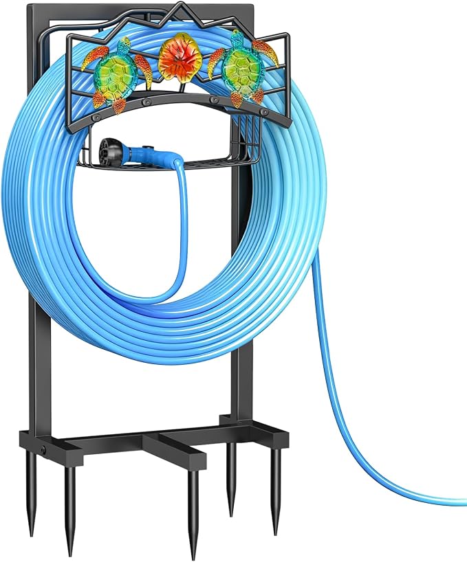 Garden Water Hose Holder with 5 Spikes, Upgraded Freestanding Heavy Duty Hose Hanger Holds 150-feet Hose, Sturdy Hose Stand Storage Rack for Outside Yard Lawn (Black - Turtle)