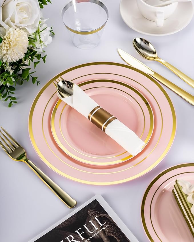 175PCS Pink Plastic Dinnerware Set, Disposable Party Plates for 25 Guests, Include: 50 Pink and Gold Plastic Plates, 25 Pre Rolled Napkins with Gold Silverware, 25 Cups for Wedding, Christmas