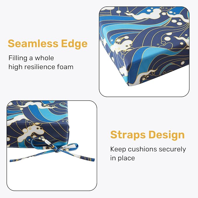UNIKOME Outdoor Chair Cushions Pack of 4, Water Resistant Patio Cushions with Ties, High Density Sponge Filling Square Corner Seat Cushions for Outdoor Furniture, 24"*24"*4", Blue/Waves