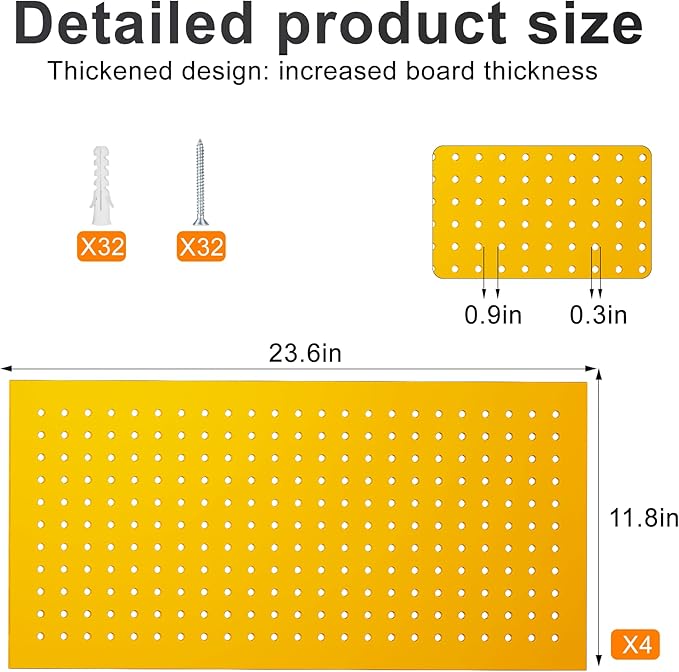 Metal Peg Board Panels for Workbench, Shop, Shed Modular Peg Board Organizer Board Kit, pegboard Wall Organizer(4 Pack, Yellow)