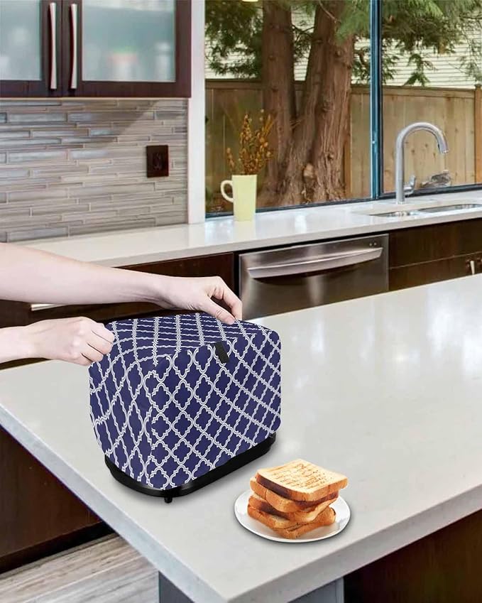 Toaster Cover 4 Slice Moroccan Pattern Toaster Oven Cover with Pockets Geometric Trellis Navy Blue Dustproof Bakeware Protector Small Kitchen Appliance Dust Covers and Fingerprint Protection for Women
