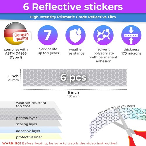 LOOM Reflective Stickers for Helmet - 6pcs Prism Gray | Waterproof Hi-Vis Decals for Night Riding