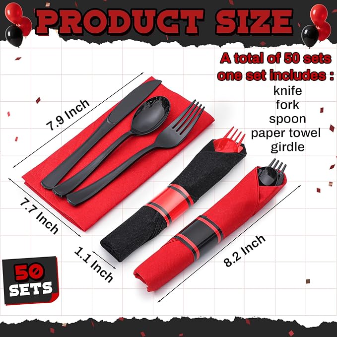 Lasnten 50 Pcs Pre-rolled Red and Black Plastic Silverware Set for 50 Guest Disposable Plastic Gothic Cutlery Set with Napkins for Red and Black Party Birthday Wedding Retirement Party Supplies