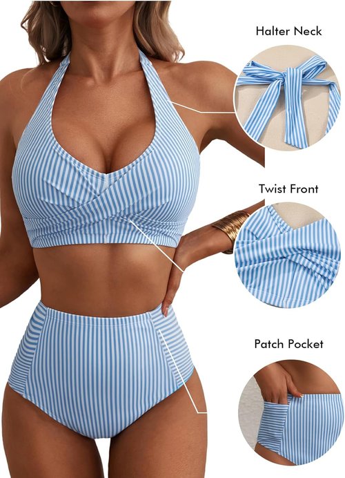 Herseas Women's High Waisted Bikini Set - Stylish Halter Design with Patch Pockets | Striped Swimwear