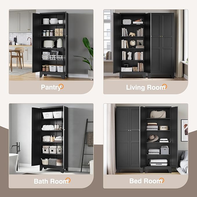Yizosh Metal Pantry Cabinet, 75" Kitchen Pantry with 2 Door and 4 Adjustable Shelves,Black Metal Pantry Storage Cabinet,Cupboard for Kitchen,Dining Room,Living Room and Bathroom