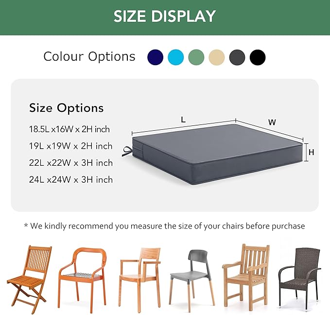 Outdoor Chair Cushions Set of 6: Waterproof & Fade Resistant Seat Cushion for Patio Furniture - 18.5 x 16 x 2 Inch Chair Pads with Ties and Hidden Zipper - Patio Chair Cushion Replacement, Dark Grey