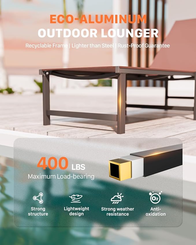 Patio Lounge Chair, Aluminum, 5 Adjustable Backrest,2 Piece,Brown | Lightweight rustproof aluminum.5 adjustable backrest positions.Breathable quick-dry fabric.For poolside,beach,lawn,backyard.