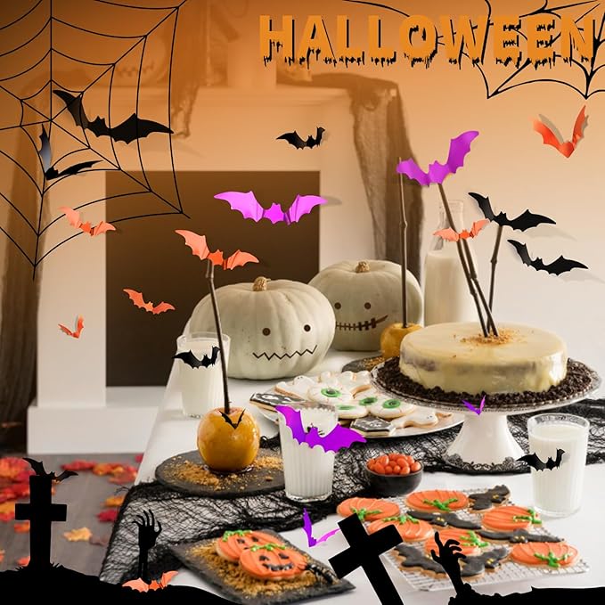 FANDAMEI 140PCS Halloween Bats Wall Decor, Bats Decoration, 5 Sizes 3 Colors Bat Decor Party, 3D Bat Wall Decor for Halloween Indoor Outdoor. Sticky Bats Home, Bat Stickers for Window(140PCS)
