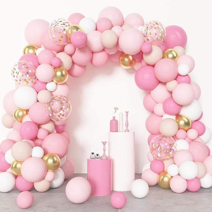 Amandir 144Pcs Pink Balloons Garland Arch Kit Light Pink Gold White Confetti Latex Metallic Balloons for Girl Birthday Baby Shower Wedding Graduation Party Decorations Supplies