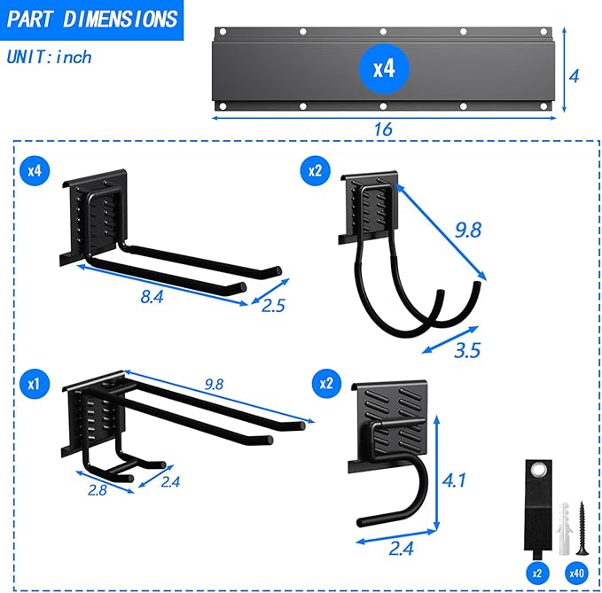 CBWLWJ Garage Tool Organizer Wall Mount, 64 inch Garage Wall Organizer, 680lbs Sturdy Garden Tool Organizer with 9 Adjustable Hooks, for Yard, Shed, Basement, Workshop(Black)
