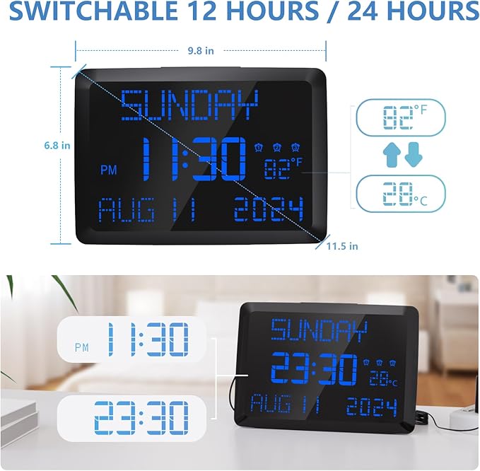 Raynic Digital Clock, 11.5" Large Display Calendar Clock