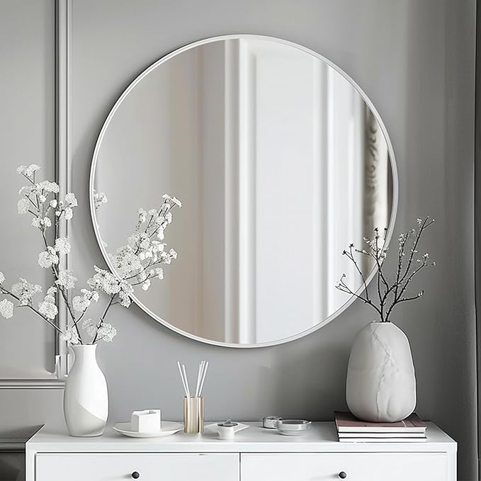White Round Mirror 18 inch, Bathroom Mirror, Round Wall Mirrors