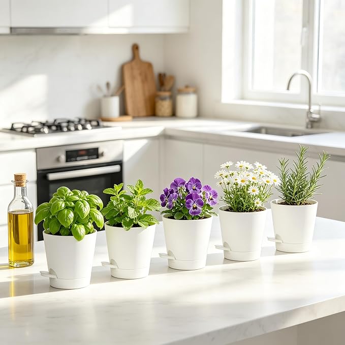 5 Pack 5 Inch African Violet Pots Self Watering, Self-Watering Planters with Drainage Holes & Reservoir, White Plastic Pots for Indoor Outdoor Plants, Succulents & Flowers
