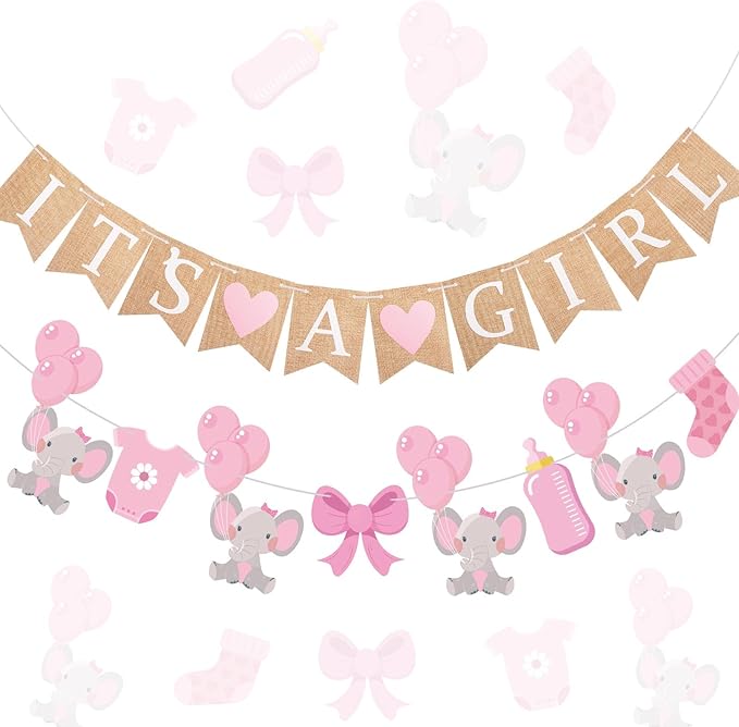 2 Pcs Baby Girl Shower Decorations Pre-Strung It's A Girl Burlap Banner and Elephant Baby Banner for Gender Reveal Birthday Shower Party Decorations