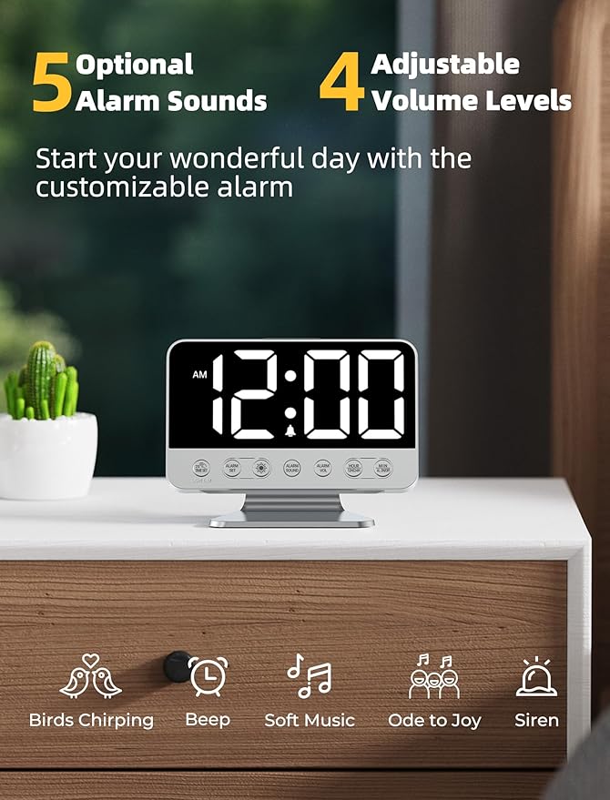 Odokee Digital Alarm Clocks for Bedrooms: Large Bold Number 5 Brightness Dimmer