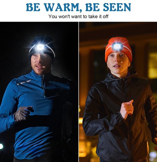 MELASA Reflective Stripe LED Beanie Safety High Visibility Winter Thermal Knitted USB Rechargeable Hat with Light Built in Suitable Outdoor Work Sports Gifts for Men Dad Fluorescent Yellow