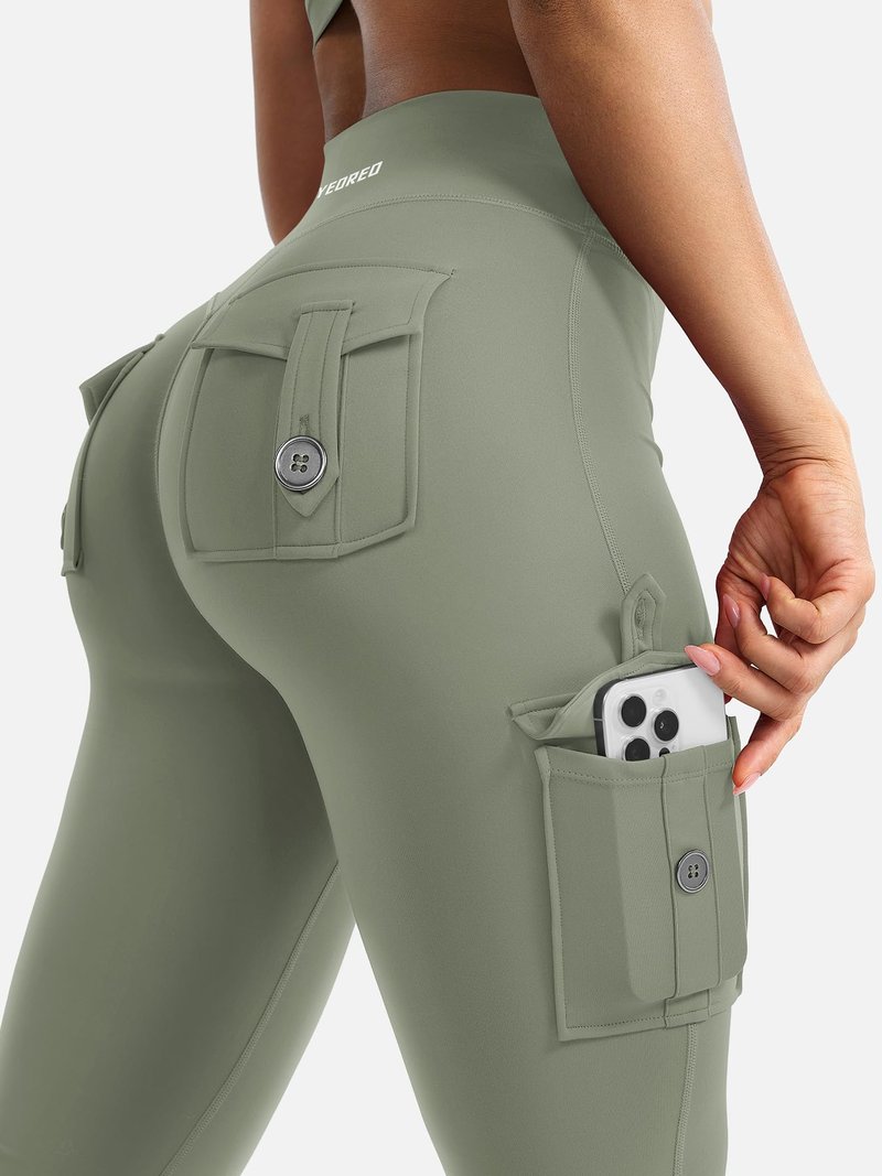 YEOREO CoreFlex Women Workout Flare Leggings with Pockets Hidden Scrunch High Waisted Cargo Gym Yoga Leggings Light Army Green XS