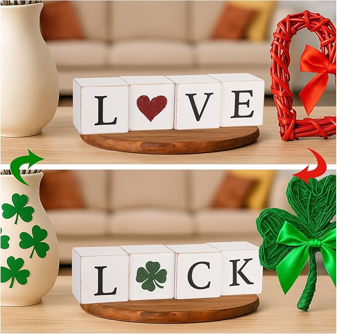 4pcs Reversible Valentines Day St. Patrick's Day Decorations Rustic Love Luck Wooden Blocks Tiered Tray Decor Love Sign Tabletop Centerpieces for Anniversary Home Mantle Shelf Party Supplies