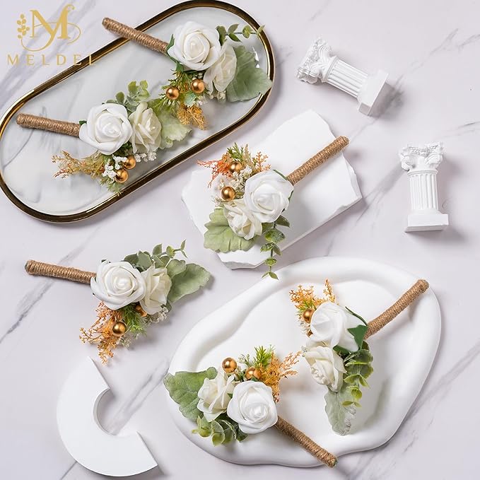 Meldel White Boutonniere for Men Wedding,Set of 6,Groom and Groomsman Boutonniere for Wedding,Greenery Rose Corsage for Men Ceremony Anniversary Party Prom Homecoming