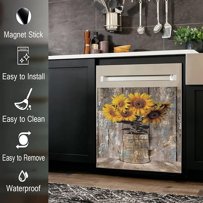 Rustic Wood Dishwasher Cover For Front,Vintage Sunflower Vase Dishwasher Magnet Cover Door Decor Farmhouse Sticker,Country Flower Dishwasher Panel Decal,Home Appliance Decal 23"x17"