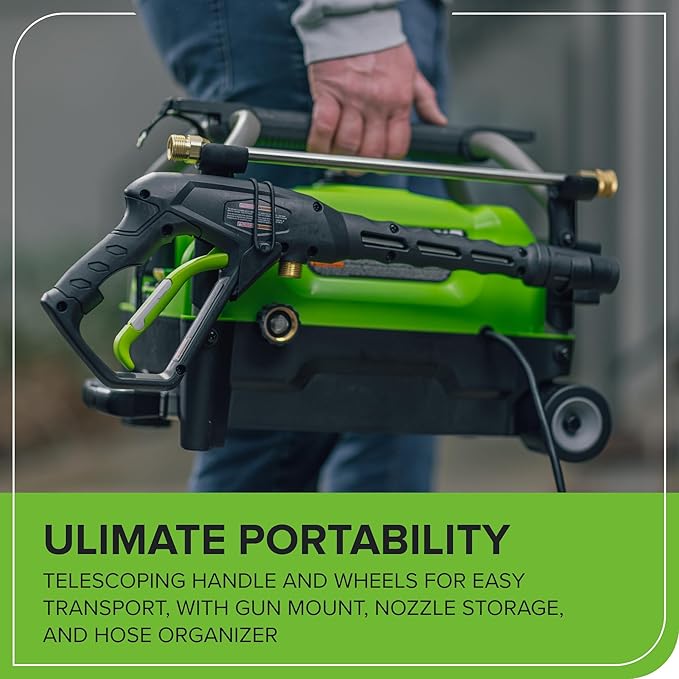 Greenworks 2100 PSI (SGS Certified) 1.2 GPM 13Amp Compact Electric Pressure Washer Telescoping Handle Power Washer for Cars, Driveways, Patios, Patio Furniture & Around Pools