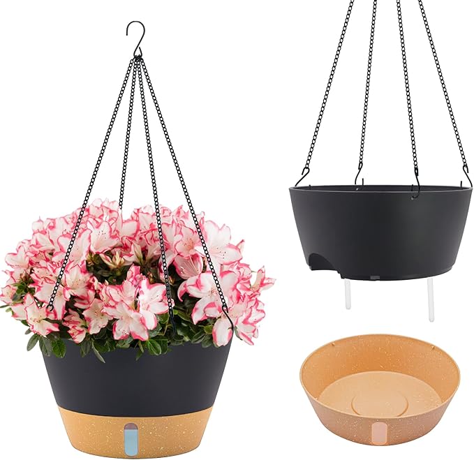 ZMTECH 2 Pack 12 Inch Hanging Planters for Indoor Plants, Large Gray Self Watering Hanging Planter with Water Level Window, Drainage & Adjustable Chain, Outdoor Flower Pots for Patio