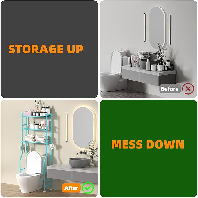 3-Tier Over Toilet Storage with Anti-Tilt Safety System - 150lb Total Capacity Metal Bathroom Shelves Including Paper Holder & 4 Hooks, Space Saving Above Commode Organizer (64" H, Blue)