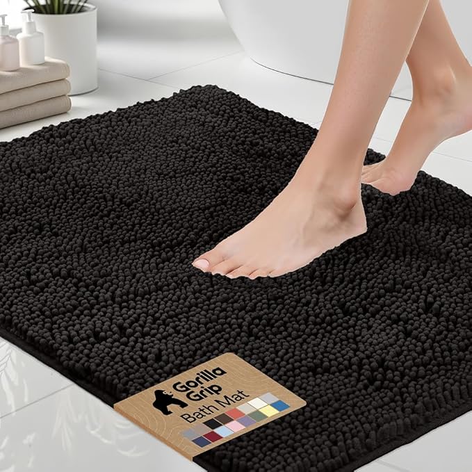 GORILLA GRIP Bath Rug Mat 60x24, Thick Soft Absorbent Chenille, Quick Dry Microfiber Mats, Rubber Backing Washable Shower Floor Rugs, Bathmat Runner, US Designed Bathroom Home Decor Accessories Black