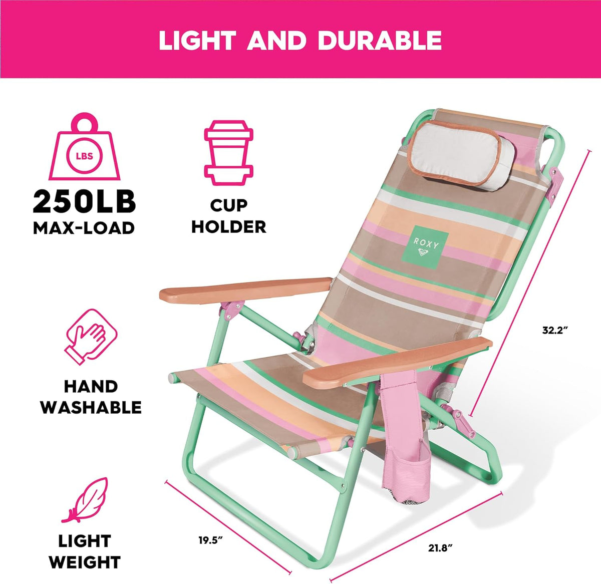 ROXY Beach Chair – Lounge Chair Outdoor, Lightweight Folding Chair with Adjustable Recline and Cup Holder – Beach Days, Pool Lounge Chairs, Folding Camping Chairs, Sun Tanning Chair or Festival