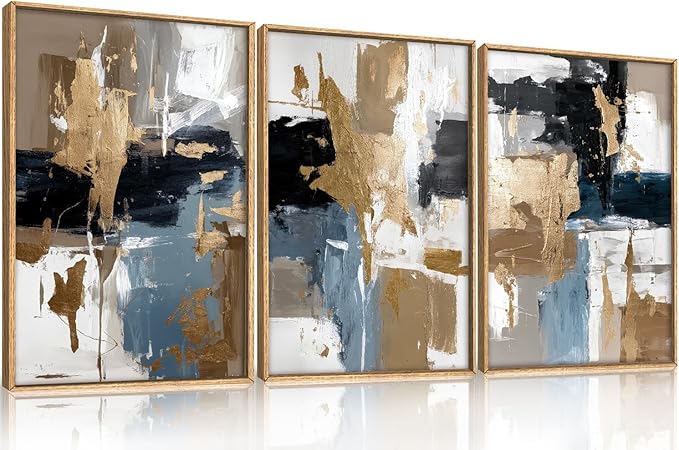 KAIRNE Blue and Gold Abstract Framed Canvas Wall Art Set,Minimalist Brush Strokes Wall Decor,Modern Textured Art Prints,Neutral Brown Black Artwork for Living Room,Bedroom,Farmhouse,Office-24 x36 x3