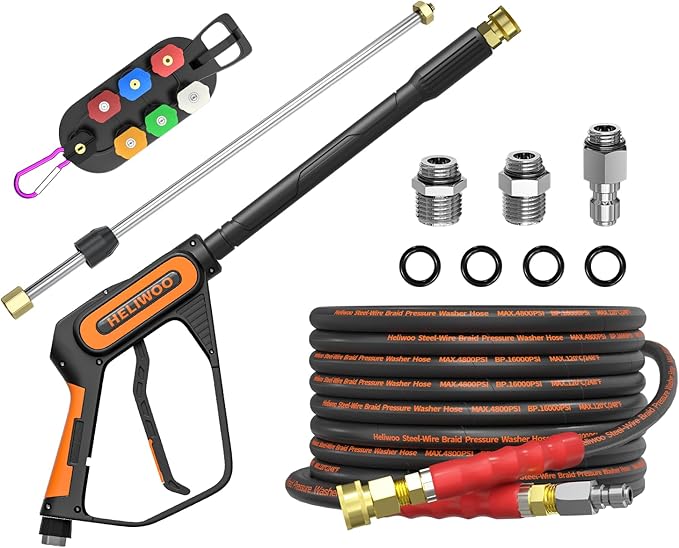 5000PSI Pressure Washer Gun and Hose Kit, 25FT Kink Resistant Steel Braided Power Washer Hose with 3/8" Swivel Quick Connector and M22 14mm Adapters Replacement