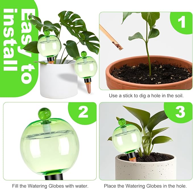 6 Pack Self Watering Globes 17oz Large Plant Watering Globes Top Fill, Self Water Planter Insert Indoor/Outdoor Plastic Water Bulbs Slow Release Terracotta for Plants, Green