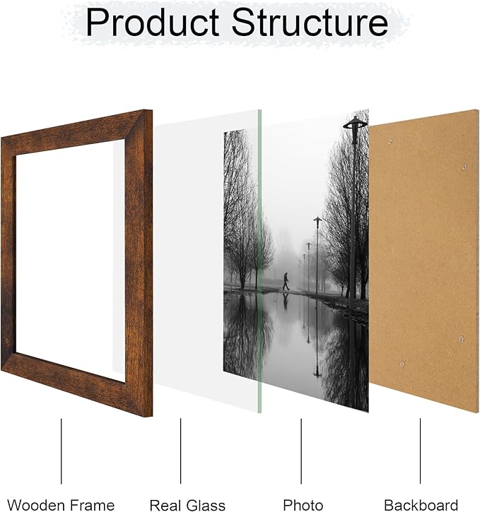 8x10 Picture Frame Set of 4, High Definition Glass 8 x 10 Frame, Wood Rustic Photo Frames for Horizontal or Vertical Display Tabletop and Wall Mounting, Dark Brown