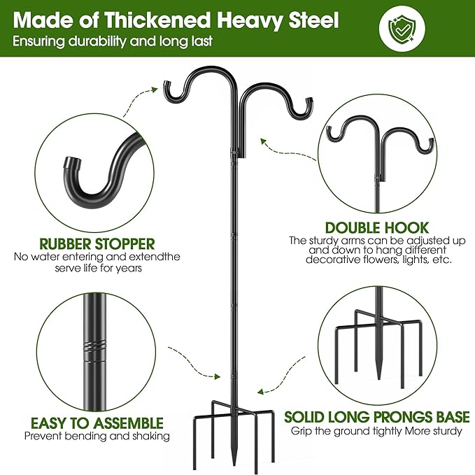 Double Shepherds Hooks for Outdoor, 76" Heavy Duty Bird Feeder Pole with 5 Prong Base, Adjustable Shepherds Hook for Bird feeders Outside, Garden, Weddings, Hanging Plants, 2 Pack, Black