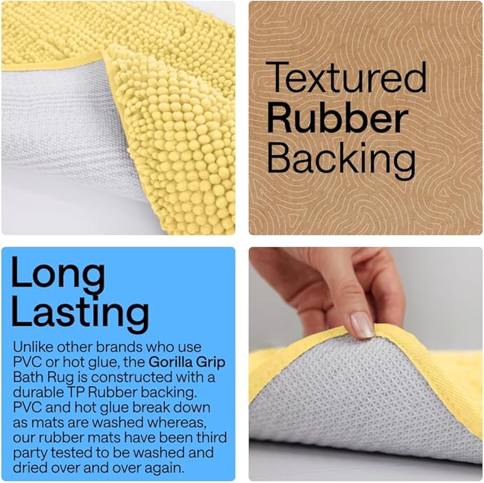 GORILLA GRIP Bath Rug Mat 30x20, Thick Soft Absorbent Chenille, Quick Dry Microfiber Mats, Rubber Backing Washable Shower Floor Rugs, US Designed Bathroom Bathmat Home Decor Accessories, Yellow