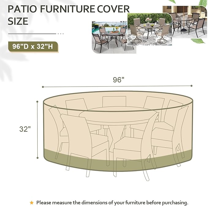 COWVIE Round Patio Dining Set Cover for Outdoor Table and Chairs, 600D Waterproof and UV-Resistant Fabric Patio Furniture Cover with Storage and Air Vent, 96''Dia x 32''H