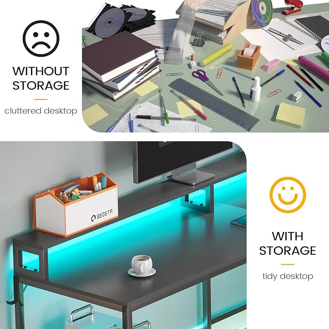 SEDETA L Shaped Gaming Desk, 66" Home Office Desk with Wood File Drawer & Power Outlet, Corner Gaming Computer Desk with Led Lights, Monitor Shelf and Printer Storage Shelves, Two Person Desk, Black