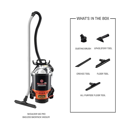 Hoover Commercial Shoulder Vac Pro Backpack Bagged Vacuum Cleaner, with HEPA Media Filter, Lightweight with Extra Long Cord, Chiropractic Design, for Carpet and Hard Floors, C2401, Black