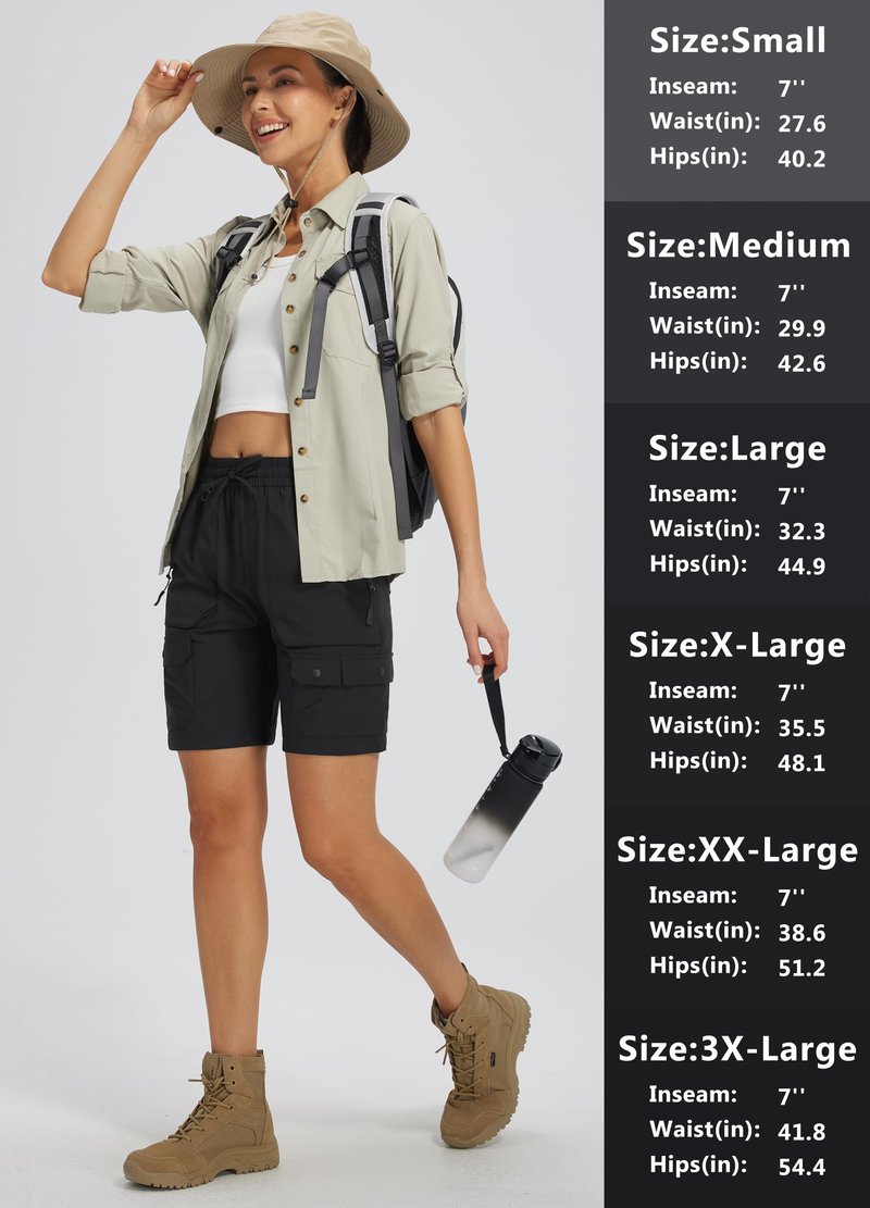 Libin Women's Hiking Long Shorts 7" Quick Dry Cargo Zipper Pockets Water Resistant Bermuda Shorts Lightweight Elastic Waist Loose Fit UPF 50+, Black L