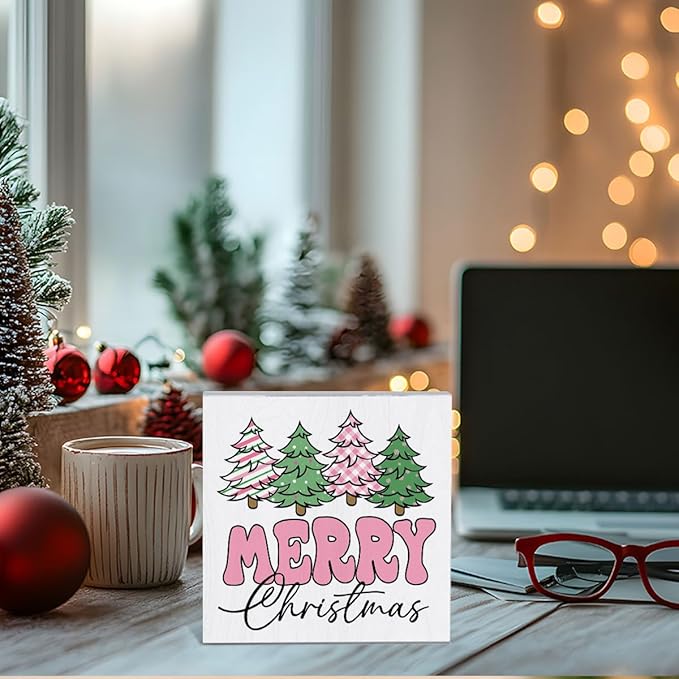 Pink Merry Christmas Decorations for Home Christmas Decor for Living room Merry Xmas Decorations for Office Table 5 x 5 Inches