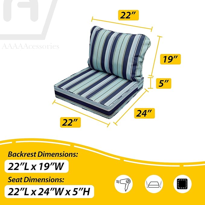 AAAAAcessories Outdoor Seat Cushions for Chairs, Fade-Resistant, Waterproof Patio Furniture Replacement Cushions, 22" x 24" x 5" + 22" x 19", Ash Teal Seaside Stripe