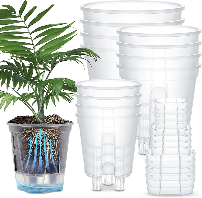 Wonderjune Self Watering Pots for Indoor Plants with Deep Reservoir and High Drainage Holes for Outdoor Plants and Flowers, Bare Root Planter(4.72'', 5.91'', 7.09'',Clear,12 Pcs)